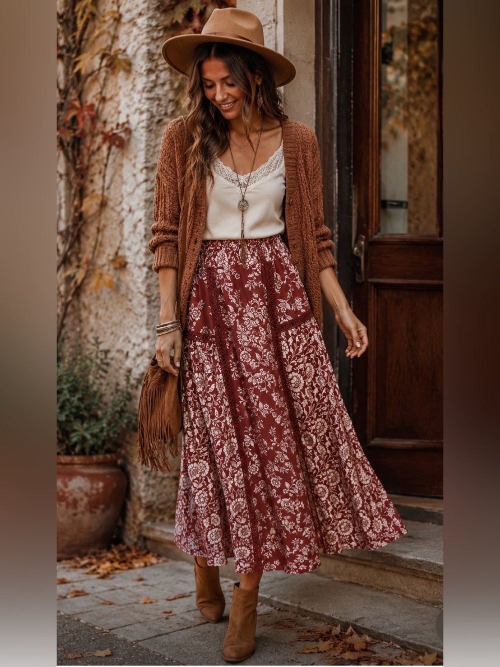 Altar’d State Rust Floral Tiered Maxi Skirt